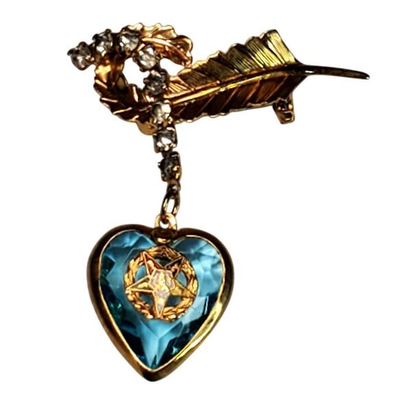 Vtg Order of the Eastern Star Brooch Rhinestone OES Dangle Heart Feather - Picture 1 of 8